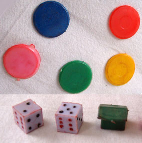IND-Game-of-English-Trade-Tokens, dice and agreen building.